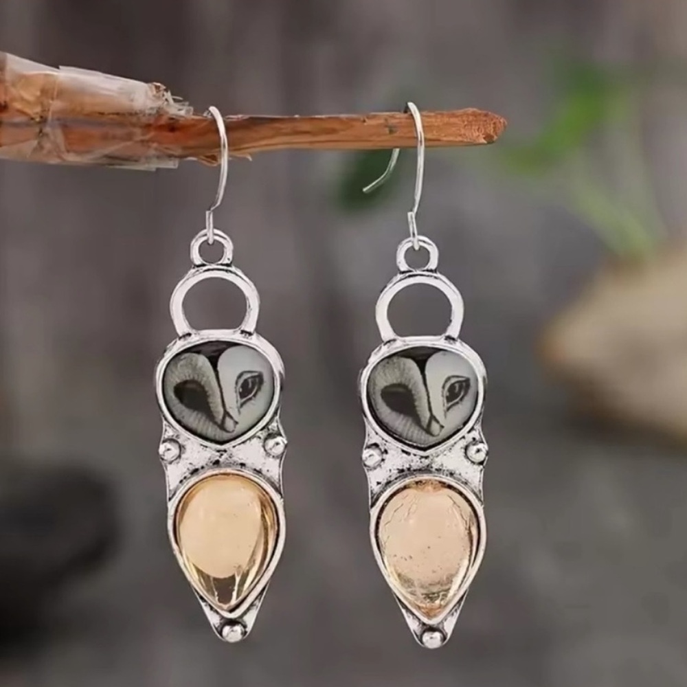Anthropologie Boho Bohemian Whimsical Gothic Hippie Owl Dangle Silver Earrings